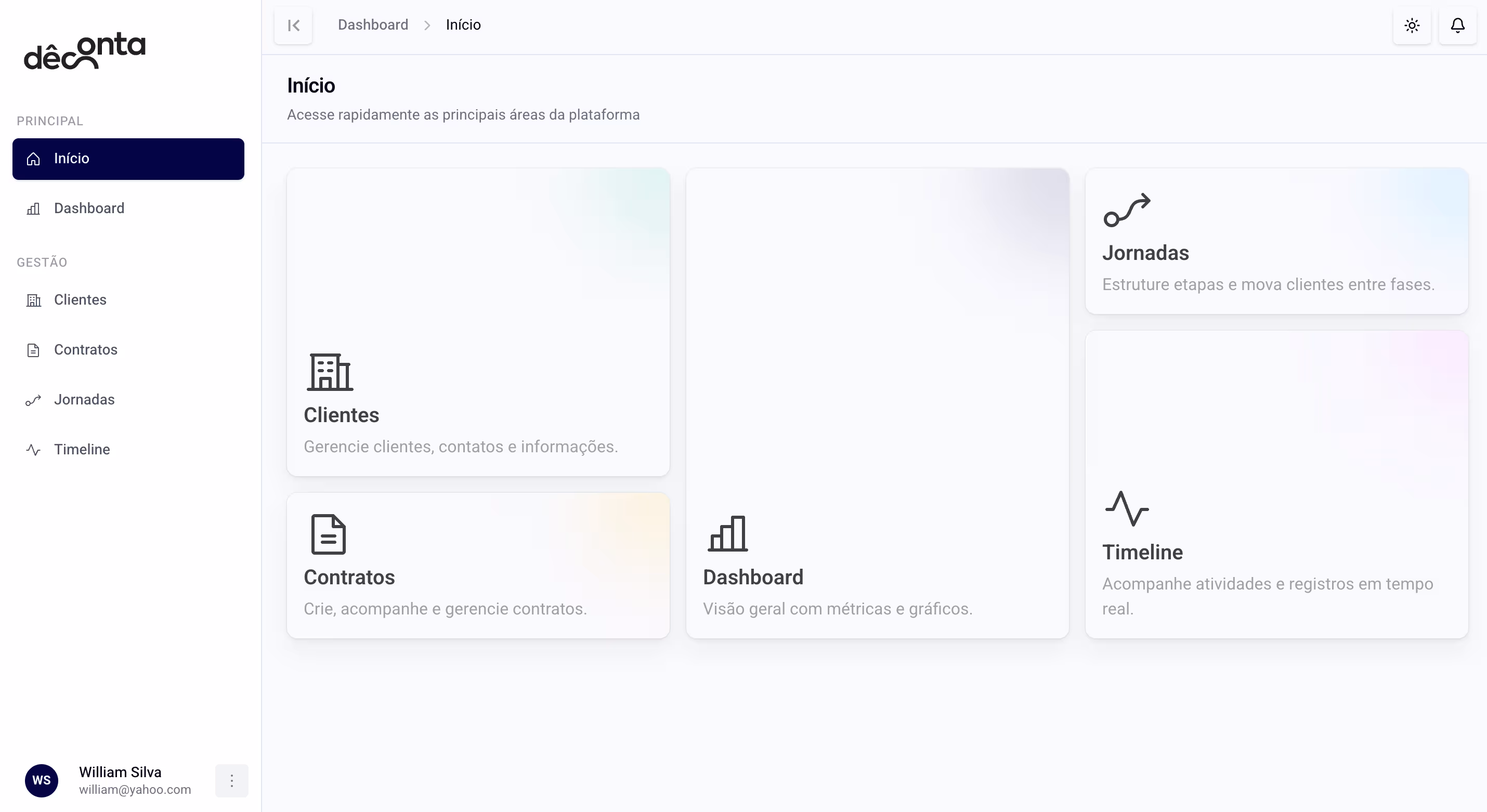DeConta Dashboard - Sistema de gestão contábil mostrando métricas financeiras, honorários mensais, total de empresas e contratos ativos